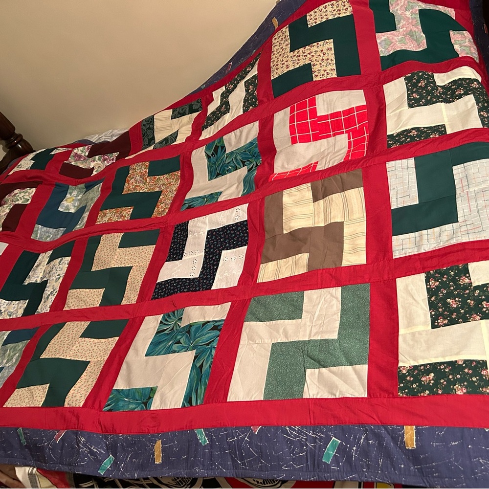 Homemade Patchwork Quilt with Red and Green Highlights 62”x88”